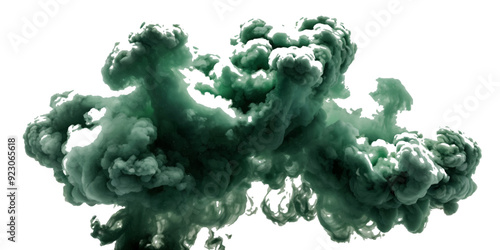 Beautiful green smoke plume isolated on transparent background. bright orange paint color powder festival background.
