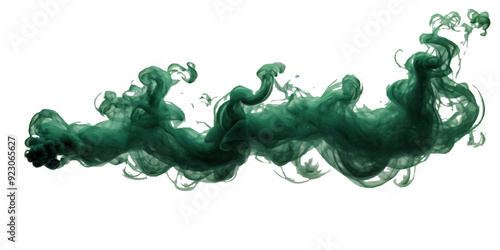 Beautiful green smoke plume isolated on transparent background. bright orange paint color powder festival background.