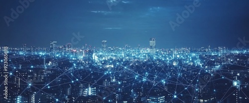 Futuristic cityscape with digital lines and data connections in the sky, wide-angle shot, city skyline at night with illuminated skyscrapers, futuristic technology concept, wide panorama. 