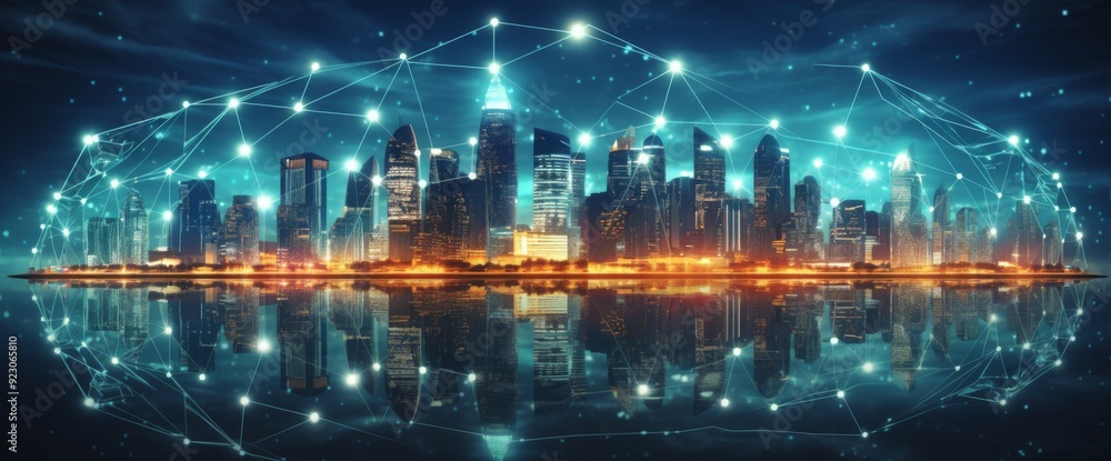 Fototapeta premium Futuristic cityscape with digital lines and data connections in the sky, wide-angle shot, city skyline at night with illuminated skyscrapers, futuristic technology concept, wide panorama. 