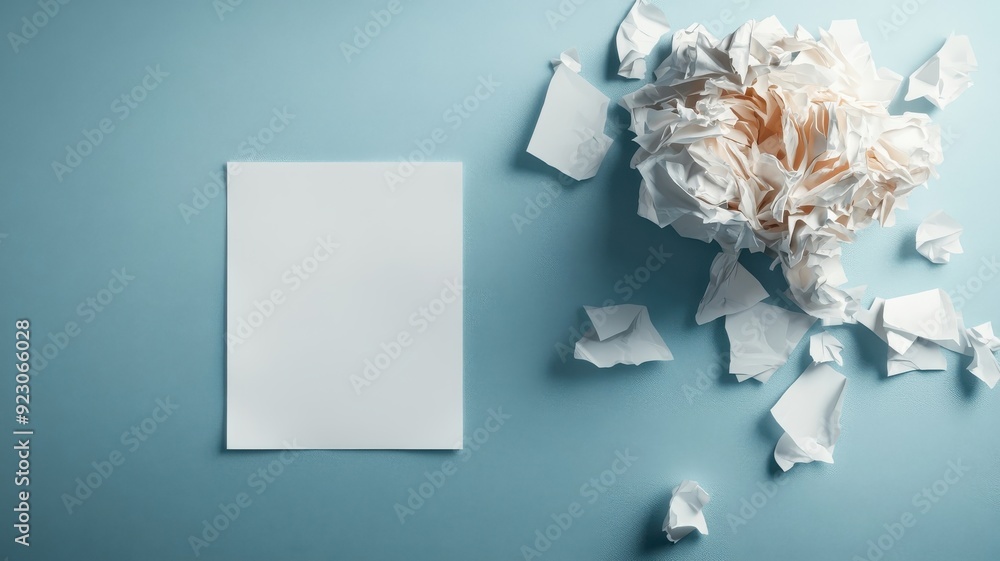 Blank canvas surrounded by jumble of paper scraps, representing creative process. Blank canvas surrounded by jumble of paper scraps, representing creative process.