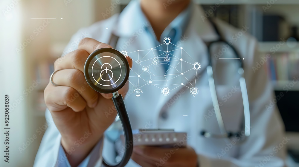 © improvee design - Doctor holds a stethoscope, symbolizing medical care and wellness. The image portrays the interconnectedness of healthcare and technology in the medical field. © improvee design - Doctor holds a stethoscope, symbolizing medical care and wellness. The image portrays the interconnectedness of healthcare and technology in the medical field.