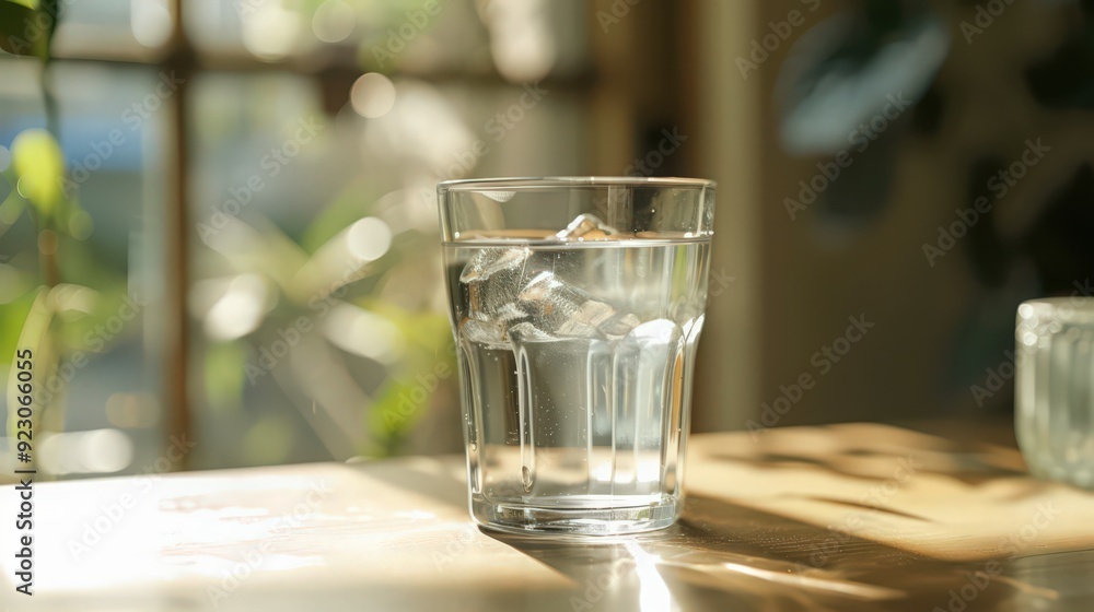 A refreshing glass of water on a table with natural light, highlighting its cleanliness and the importance of pure hydration A refreshing glass of water on a table with natural light, highlighting its cleanliness and the importance of pure hydration