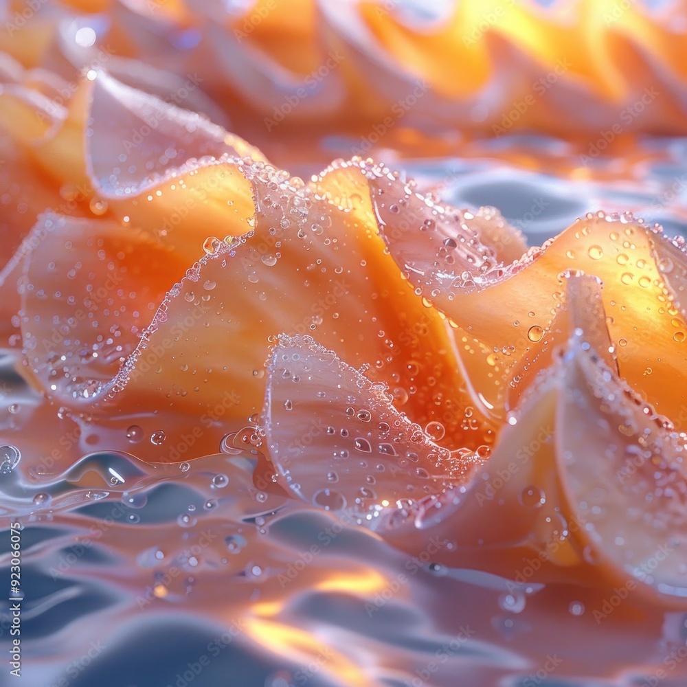 A close-up of wavy, orange and pink textures with bubbles on a reflective surface. A close-up of wavy, orange and pink textures with bubbles on a reflective surface.