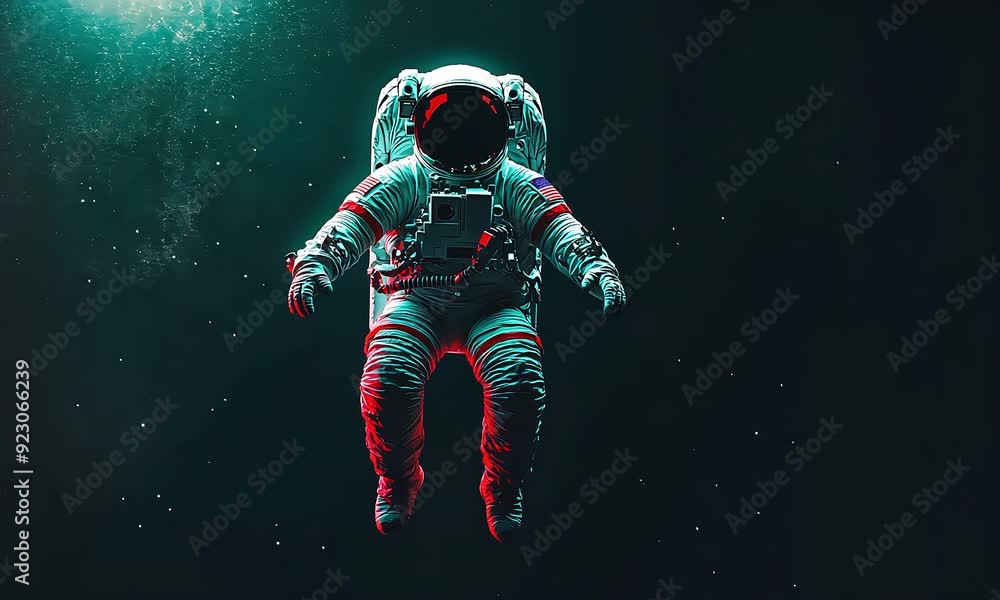 Astronaut in a spacesuit floating in the dark void of space, illuminated by striking neon highlights Astronaut in a spacesuit floating in the dark void of space, illuminated by striking neon highlights