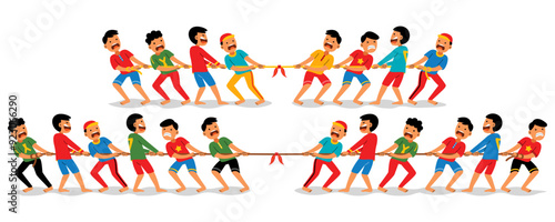 happy people playing tug of war competition