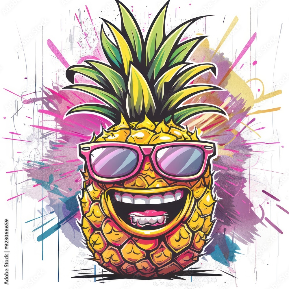 A vibrant, cartoonish pineapple wearing sunglasses with a playful expression and colorful background. A vibrant, cartoonish pineapple wearing sunglasses with a playful expression and colorful background.