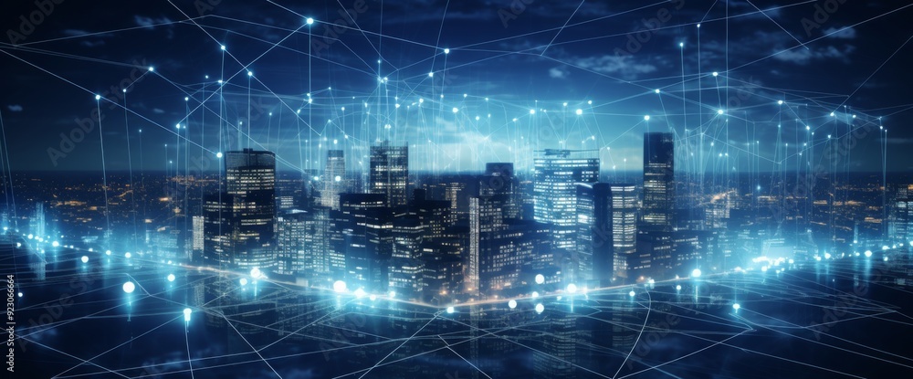 Futuristic cityscape with digital lines and data connections in the sky, wide-angle shot, city skyline at night with illuminated skyscrapers, futuristic technology concept, wide panorama. Futuristic cityscape with digital lines and data connections in the sky, wide-angle shot, city skyline at night with illuminated skyscrapers, futuristic technology concept, wide panorama.