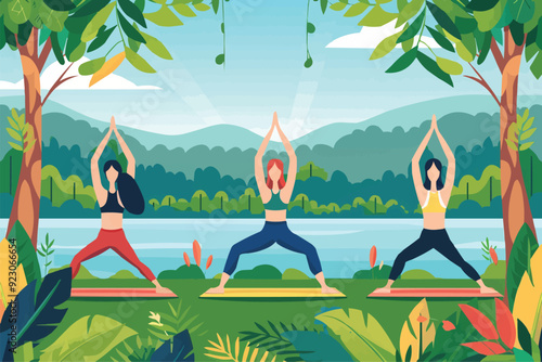 A group of people doing yoga in the park