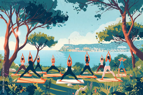 A group of people doing yoga in the park