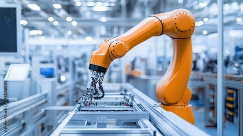 Industrial Robot Arm Working on an Assembly Line