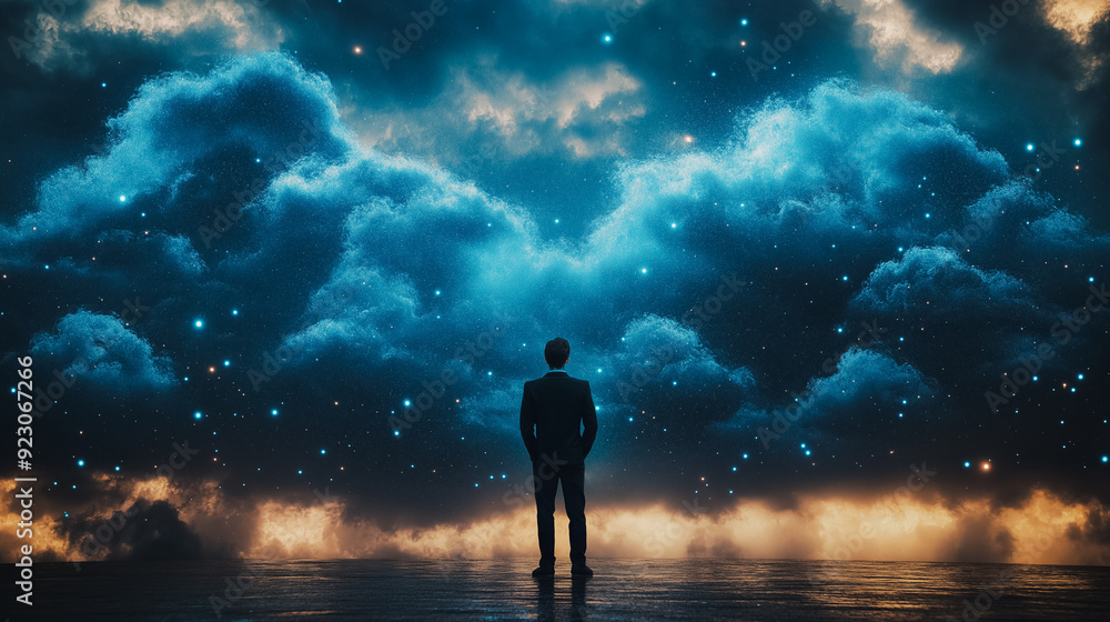 Obraz premium Professional cloud computing background with a businessman interacting with cloud icons, emphasizing secure online storage, data transfer loading solutions, and application systems.