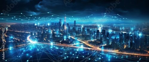 Futuristic cityscape with digital lines and data connections in the sky, wide-angle shot, city skyline at night with illuminated skyscrapers, futuristic technology concept, wide panorama.