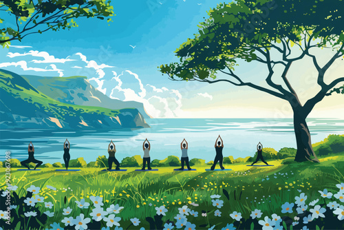 A group of people doing yoga in the park