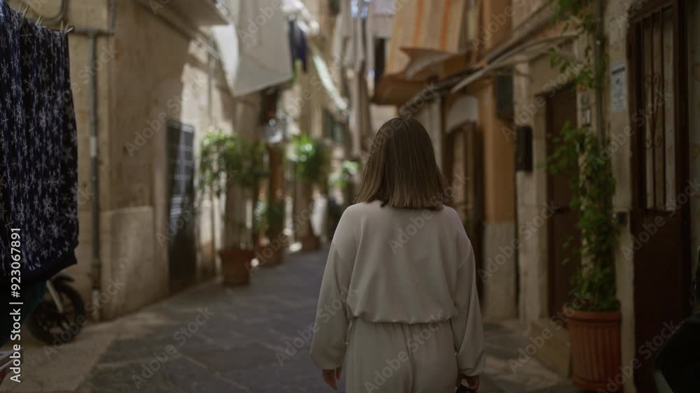 A young hispanic woman dressed in white walks down the charming old town streets of bari, italy, with potted plants, hanging laundry, and rustic buildings lining the narrow european alley. A young hispanic woman dressed in white walks down the charming old town streets of bari, italy, with potted plants, hanging laundry, and rustic buildings lining the narrow european alley.