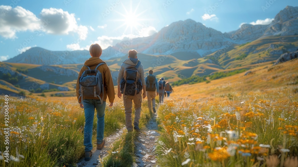 Group of hikers exploring a scenic valley during a sunny afternoon in the mountains Group of hikers exploring a scenic valley during a sunny afternoon in the mountains