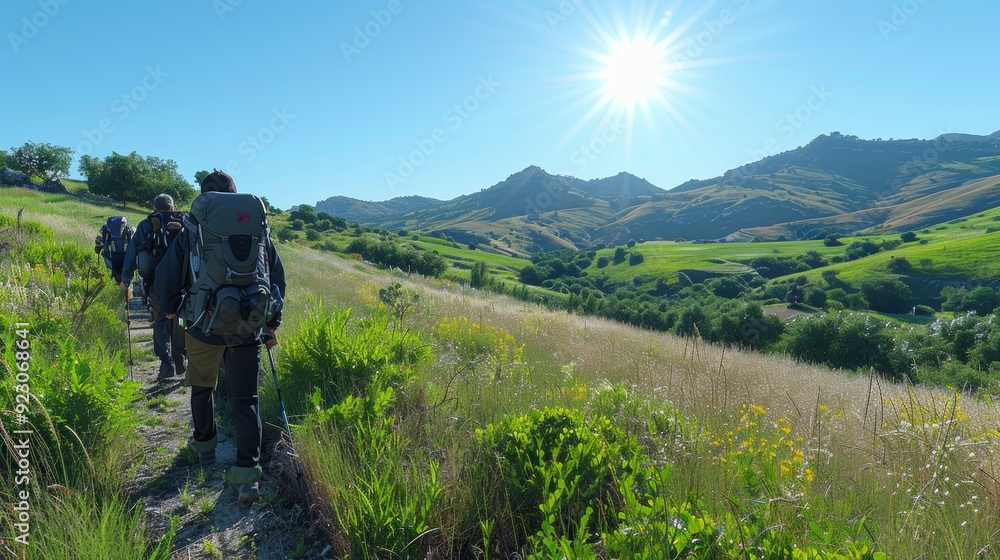 Hikers traversing a sunlit trail through lush hills in a picturesque landscape during a clear day Hikers traversing a sunlit trail through lush hills in a picturesque landscape during a clear day