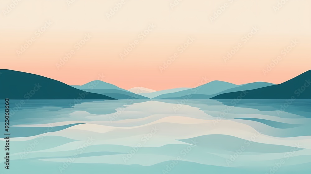 Calm waters reflect a serene mountain range under a soft pink sky. Calm waters reflect a serene mountain range under a soft pink sky.