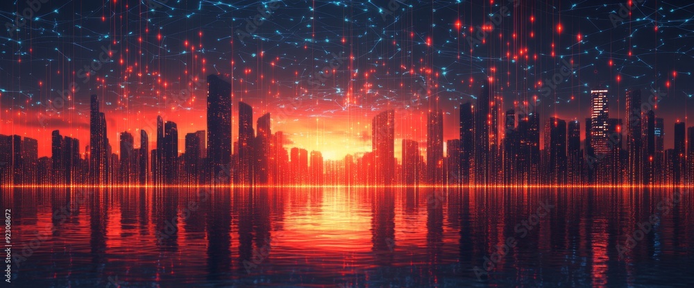 Naklejka premium Futuristic cityscape with digital lines and data connections in the sky, wide-angle shot, city skyline at night with illuminated skyscrapers, futuristic technology concept, wide panorama.