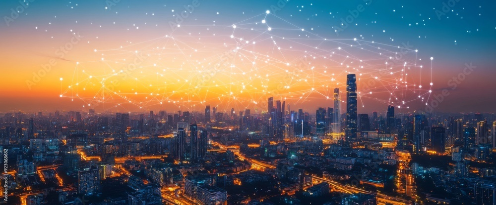 Obraz premium Futuristic cityscape with digital lines and data connections in the sky, wide-angle shot, city skyline at night with illuminated skyscrapers, futuristic technology concept, wide panorama.