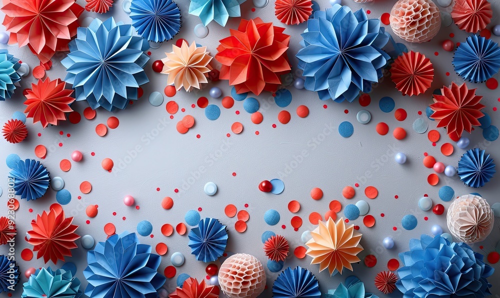 4th of july usa independence day banner poster design frame of paper fans firecrackers party streamers on white background flat lay top view. 4th of july usa independence day banner poster design frame of paper fans firecrackers party streamers on white background flat lay top view.