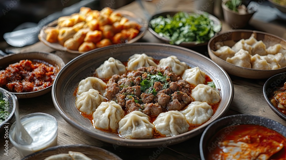 Steamed Dumplings with Spicy Ground Meat and Cilantro in a Bowl Steamed Dumplings with Spicy Ground Meat and Cilantro in a Bowl