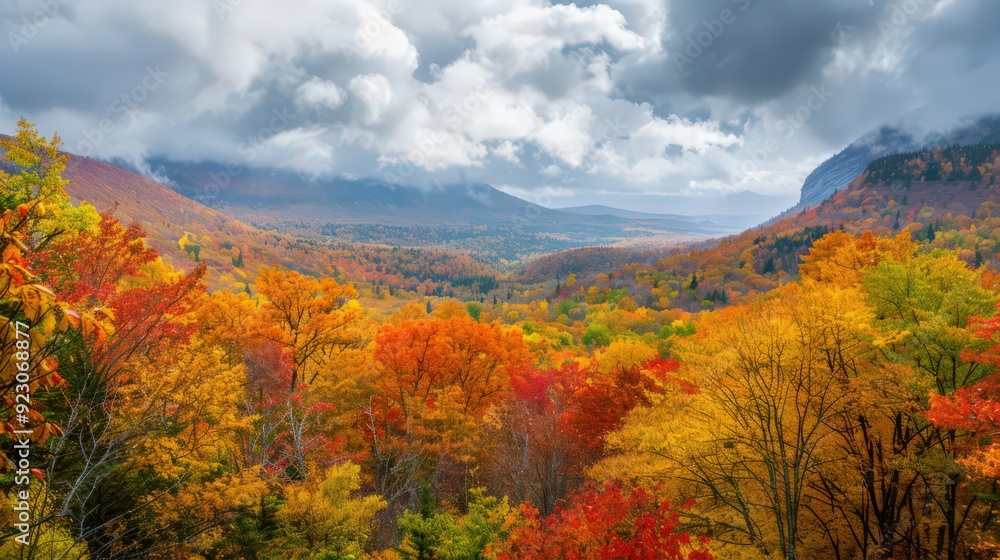 A scenic overlook reveals a valley filled with trees showcasing their vibrant fall foliage, where the rich colors create a breathtaking A scenic overlook reveals a valley filled with trees showcasing their vibrant fall foliage, where the rich colors create a breathtaking