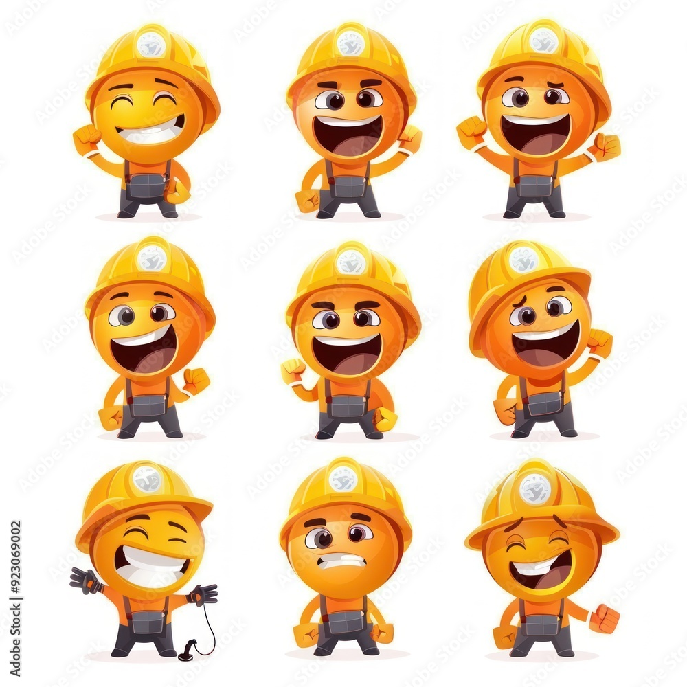 A grid of cheerful cartoon construction workers in hard hats displaying various emotions. A grid of cheerful cartoon construction workers in hard hats displaying various emotions.