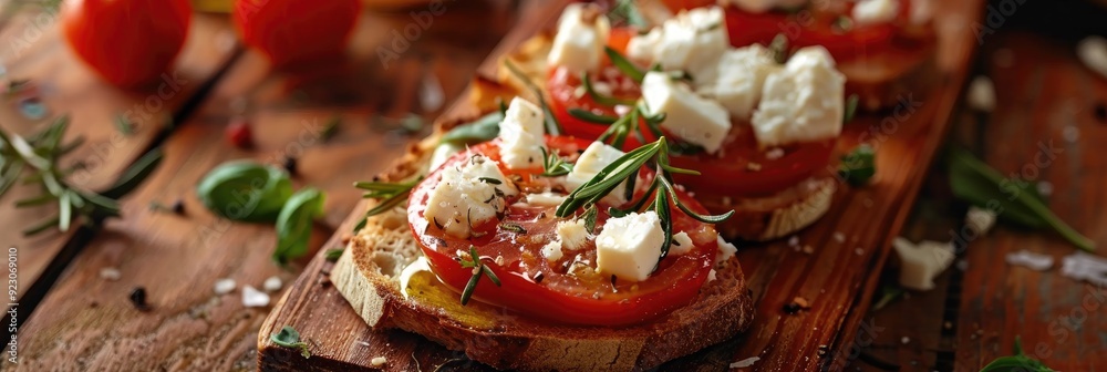 Dakos, a classic Greek dish featuring toasted bread, tomatoes, cheese, and olive oil. Dakos, a classic Greek dish featuring toasted bread, tomatoes, cheese, and olive oil.