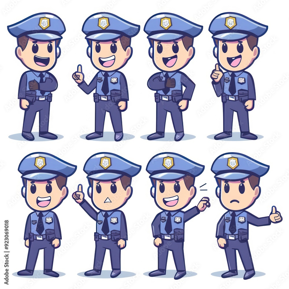 A collection of cartoon police officer characters showing various expressions and poses. A collection of cartoon police officer characters showing various expressions and poses.