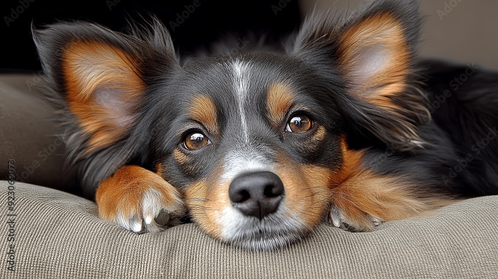 A close-up of a relaxed dog with brown and black fur resting on a couch in a cozy living room. Generative AI A close-up of a relaxed dog with brown and black fur resting on a couch in a cozy living room. Generative AI