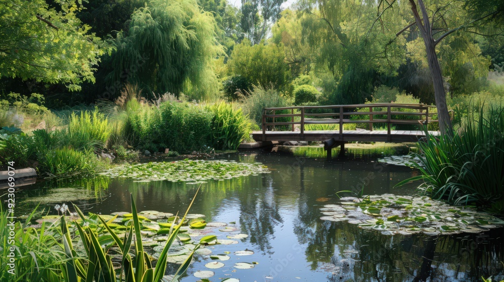 A scenic pond with lush aquatic plants and a small wooden footbridge, offering a perfect spot for birdwatching and enjoying A scenic pond with lush aquatic plants and a small wooden footbridge, offering a perfect spot for birdwatching and enjoying