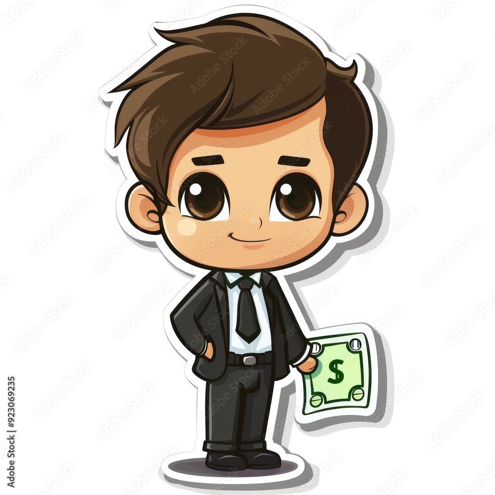 A cheerful cartoon character in a suit holding a dollar bill, representing finance or business. A cheerful cartoon character in a suit holding a dollar bill, representing finance or business.