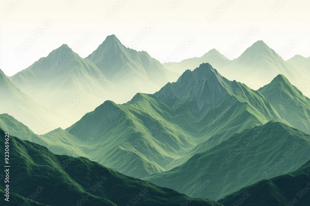 Naklejka premium Majestic Peaks: Mountain Range Render in Soothing Green and Gray