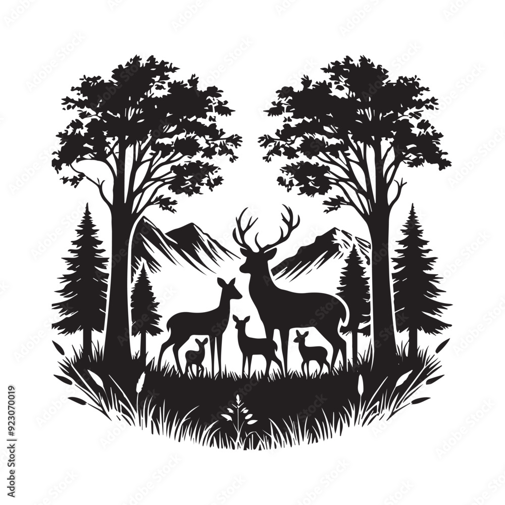 Forest Landscape illustration, Deer Family in forest T-Shirt Design Vector Forest Landscape illustration, Deer Family in forest T-Shirt Design Vector