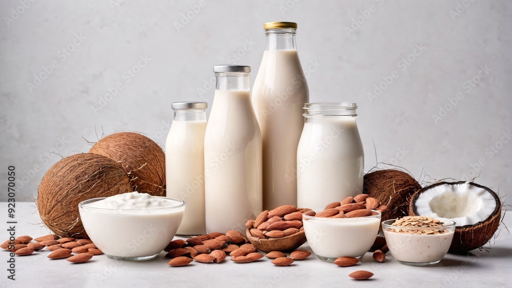 Organic dairy alternatives like almond milk oat milk and coconut yogurt on white background with ample copy space Plant-based products concept Organic dairy alternatives like almond milk oat milk and coconut yogurt on white background with ample copy space Plant-based products concept