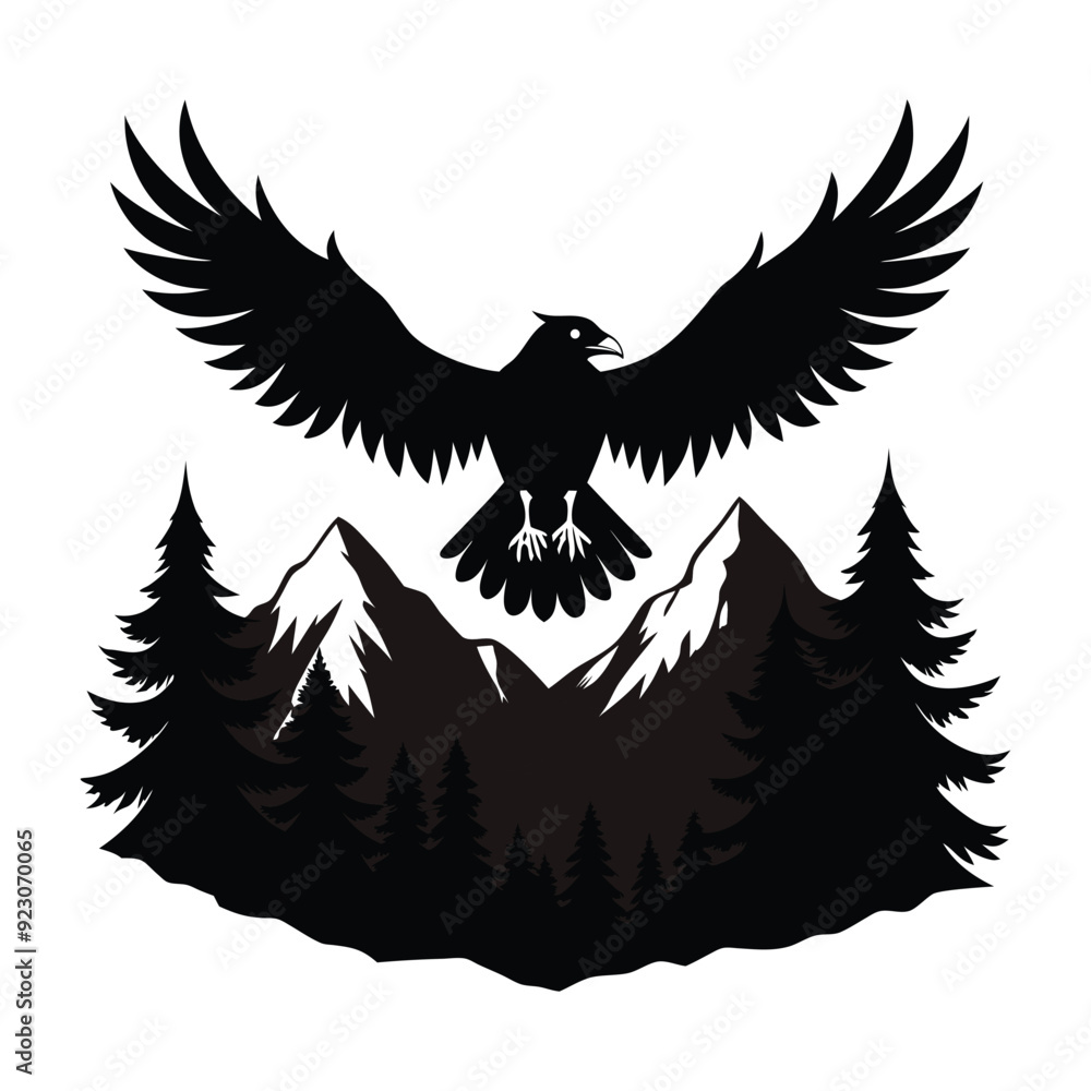 Obraz premium Forest Landscape illustration, Eagle in flight T-Shirt Design Vector 