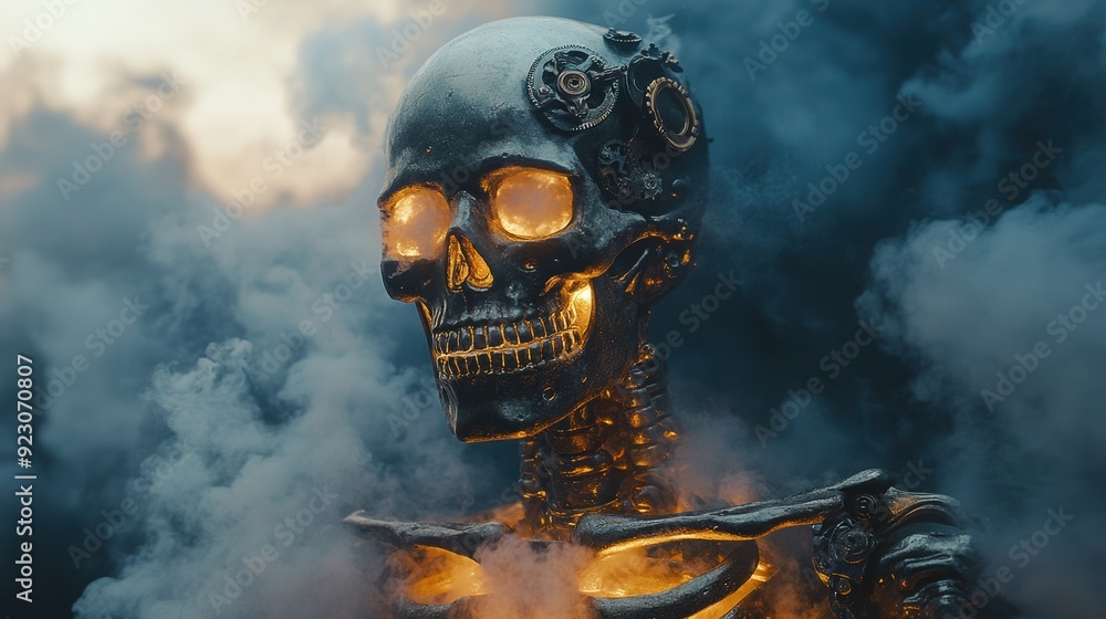 A steampunk skull with glowing eyes and gears, surrounded by thick smoke, creating a mysterious and eerie atmosphere. A steampunk skull with glowing eyes and gears, surrounded by thick smoke, creating a mysterious and eerie atmosphere.