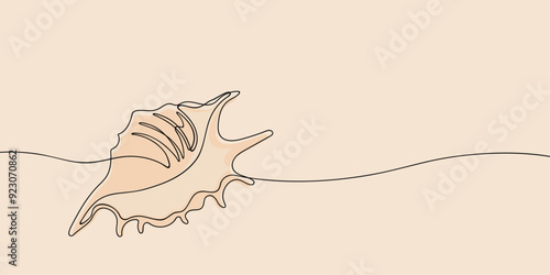 Sea shell in continuous line art drawing style. Hand drawn vector illustration. Minimalist black linear sketch isolated on light background.