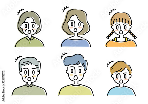 老若男女の驚く顔のイラストセット
