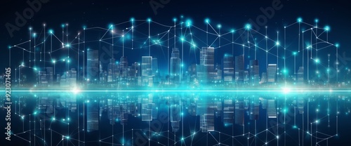 Abstract cityscape with digital data lines and night sky, futuristic skyline background. Concept of global network connection technology in an urban environment. 