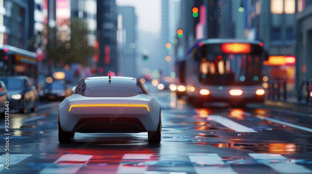 A futuristic car is driving down a city street with a bus in the background A futuristic car is driving down a city street with a bus in the background