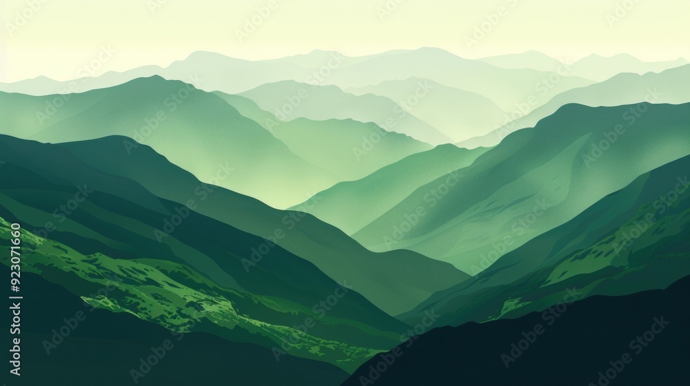 Fototapeta premium Rugged mountainous terrain with lush green peaks and valleys, creating an abstract nature backdrop.