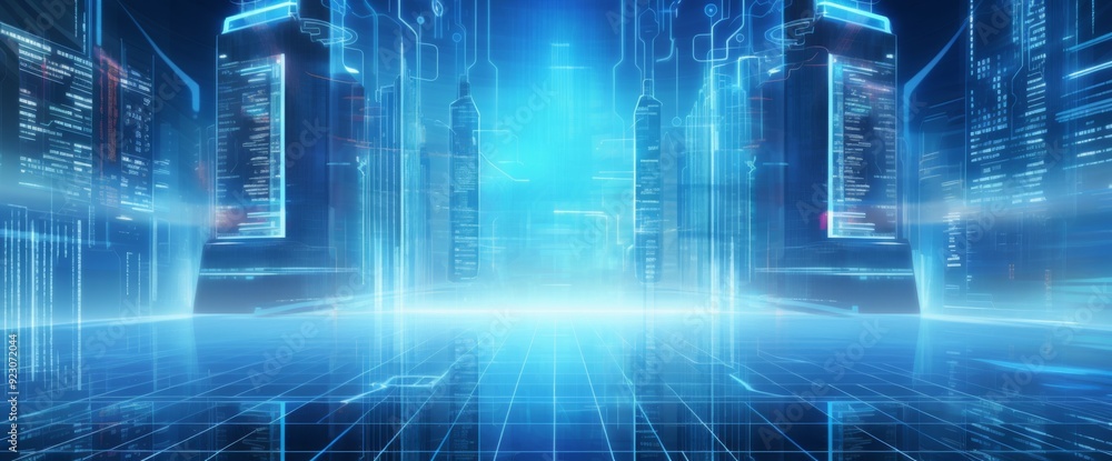Futuristic cityscape with digital lines and data connections in the sky, wide-angle shot, city skyline at night with illuminated skyscrapers, futuristic technology concept, wide panorama. Futuristic cityscape with digital lines and data connections in the sky, wide-angle shot, city skyline at night with illuminated skyscrapers, futuristic technology concept, wide panorama.