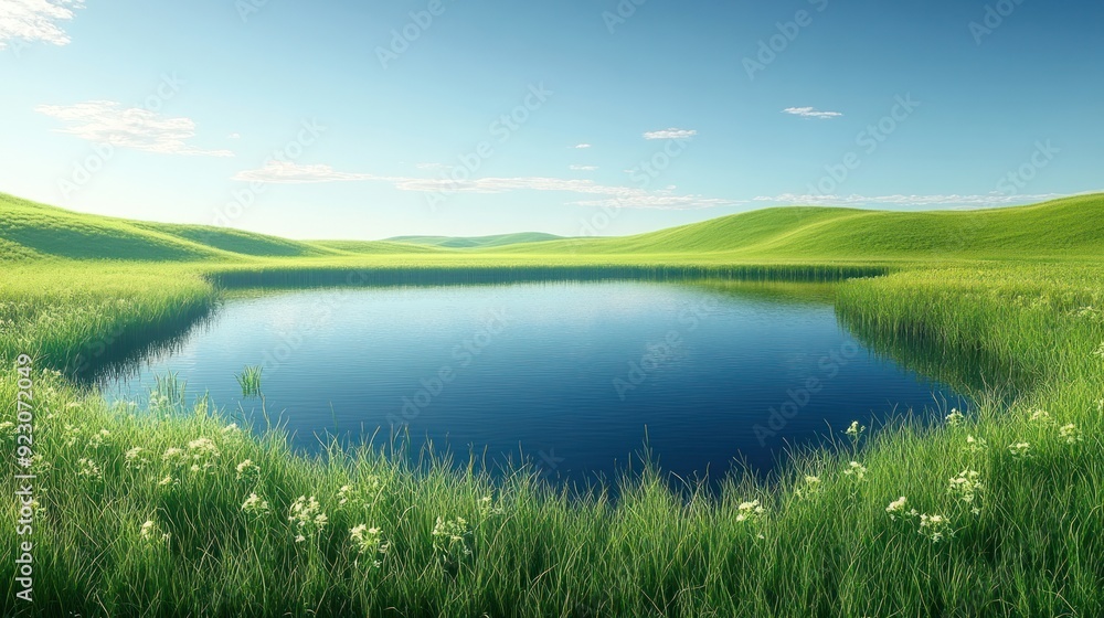 Serene Mountain Lake with Blooming Meadows - Peaceful mountain lake surrounded by lush green meadows and white flowers, under a clear blue sky with fluffy clouds. Serene Mountain Lake with Blooming Meadows - Peaceful mountain lake surrounded by lush green meadows and white flowers, under a clear blue sky with fluffy clouds.