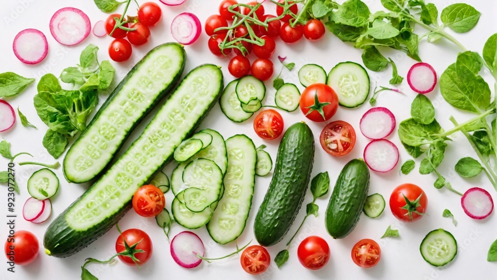 Fresh organic salad ingredients such as cucumbers radishes and cherry tomatoes on white background with ample copy space Salad mix concept Fresh organic salad ingredients such as cucumbers radishes and cherry tomatoes on white background with ample copy space Salad mix concept