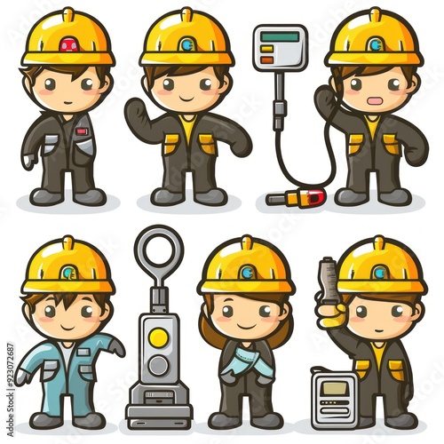 Six cartoon characters in safety helmets, representing various industrial roles and equipment.