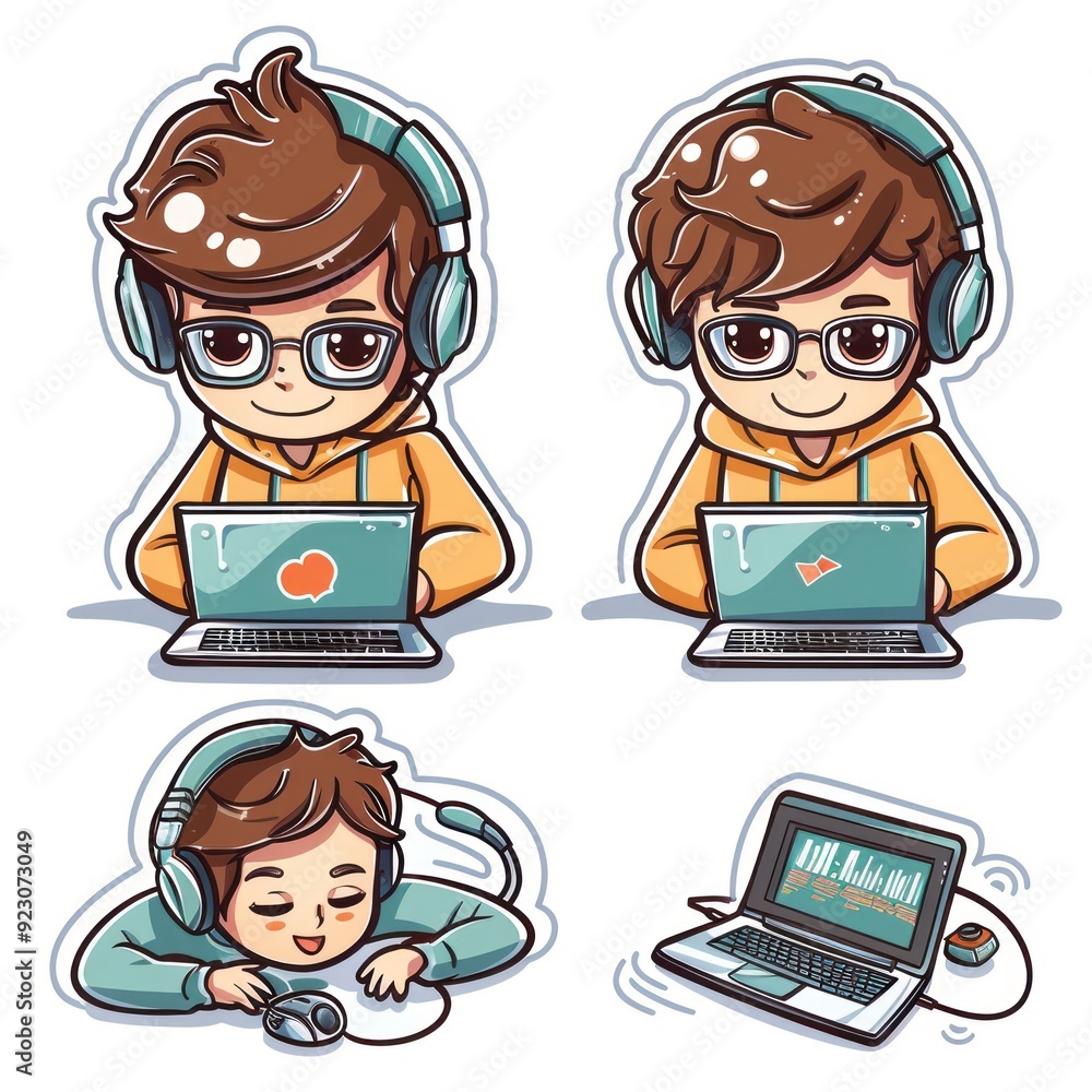 Four cartoon-style illustrations of a boy with headphones using a laptop in different scenarios. Four cartoon-style illustrations of a boy with headphones using a laptop in different scenarios.
