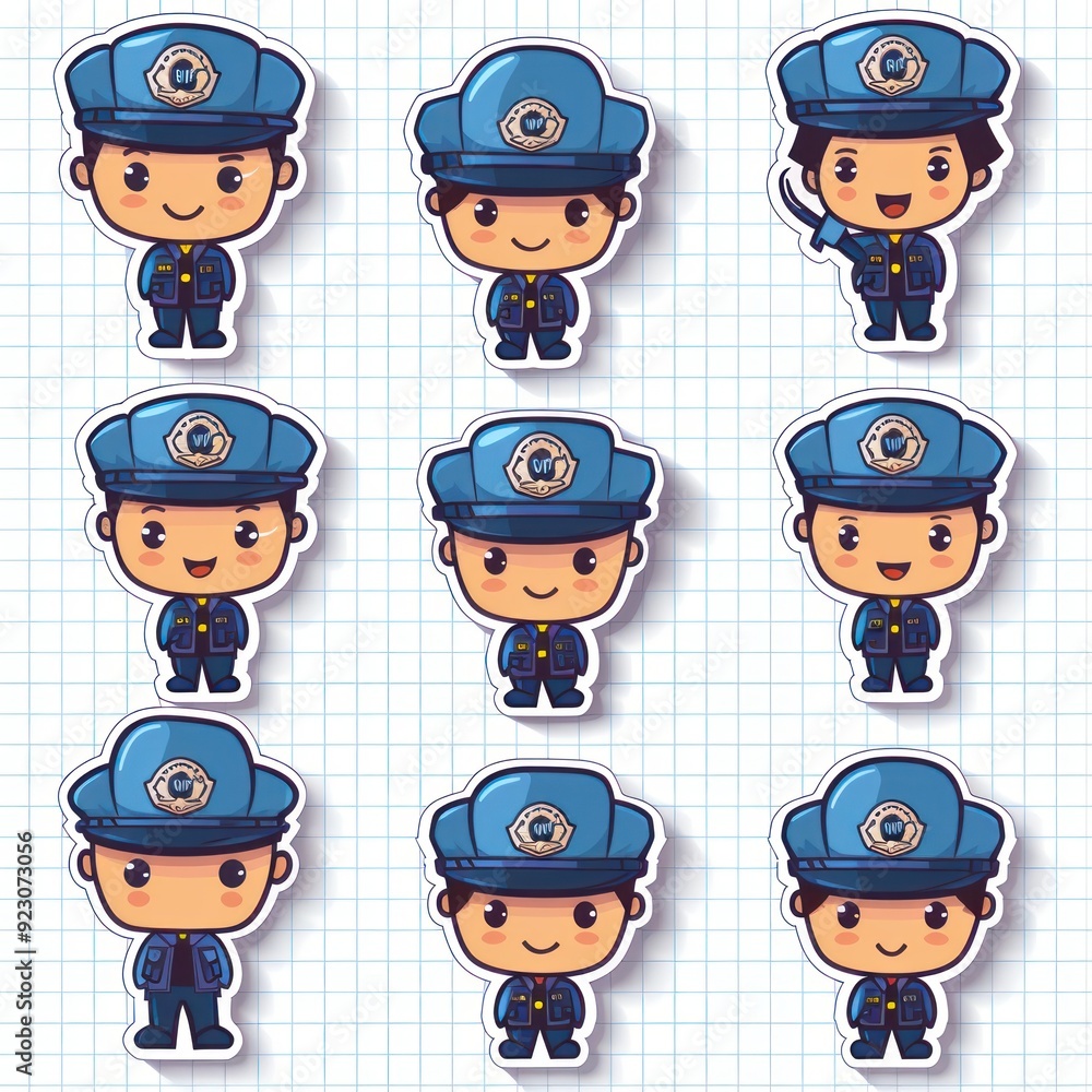 A grid of cute cartoon police officer stickers in various poses and expressions. A grid of cute cartoon police officer stickers in various poses and expressions.