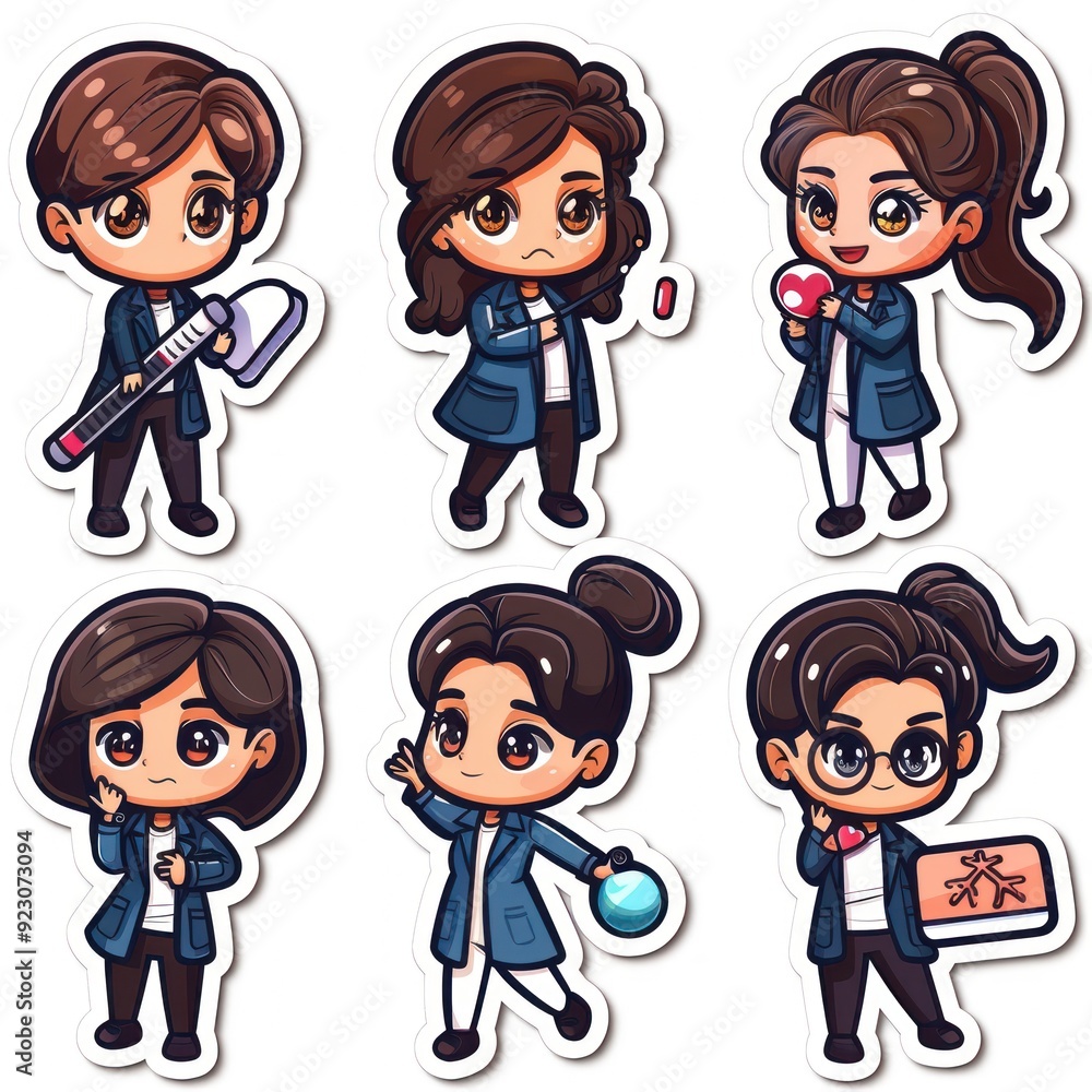 A collection of cute, chibi-style characters in lab coats, representing various scientific activities. A collection of cute, chibi-style characters in lab coats, representing various scientific activities.